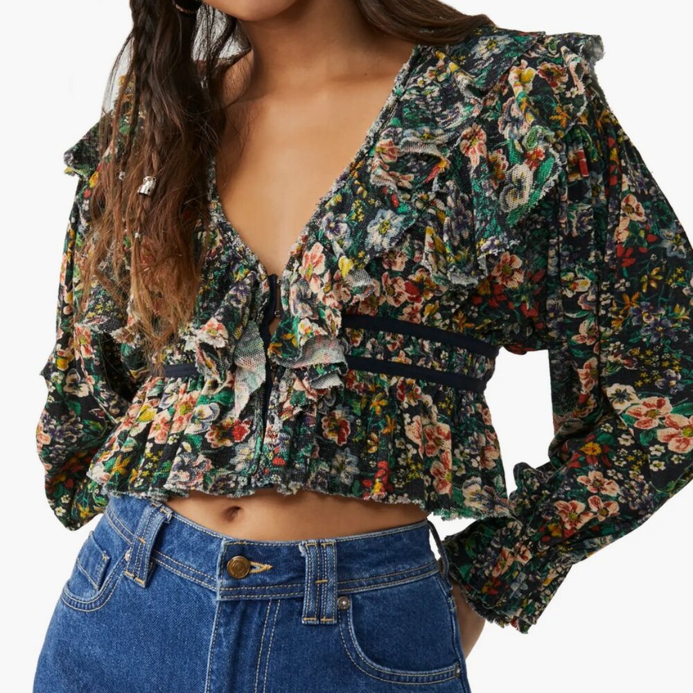 Free People Rudi Printed Ruffle Crop Blouse 100% Cotton Size M
